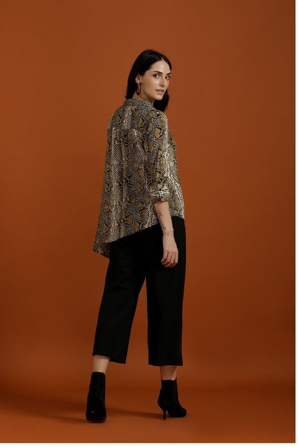 Gipsy Asymmetrical Animal Print Shirt Olive