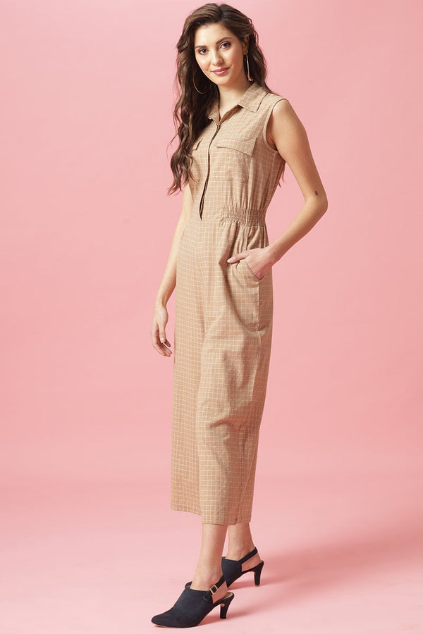 Gipsy Gipsy Beige Ankle Length Shirt Collar Cotton Jumpsuit Beige