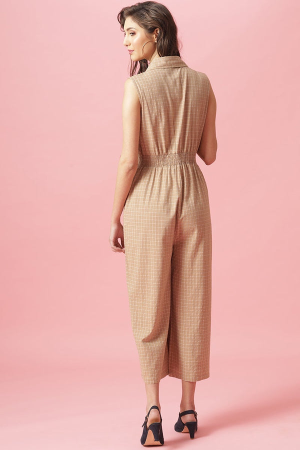 Gipsy Gipsy Beige Ankle Length Shirt Collar Cotton Jumpsuit Beige