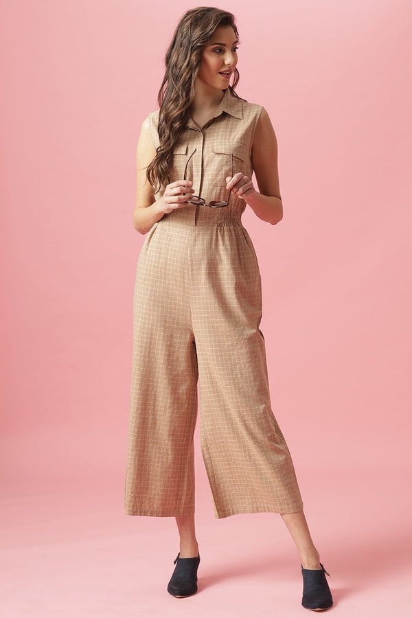 Gipsy Gipsy Beige Ankle Length Shirt Collar Cotton Jumpsuit Beige