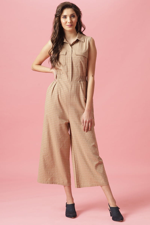 gipsy Gipsy Beige Ankle Length Shirt Collar Cotton Jumpsuit Beige