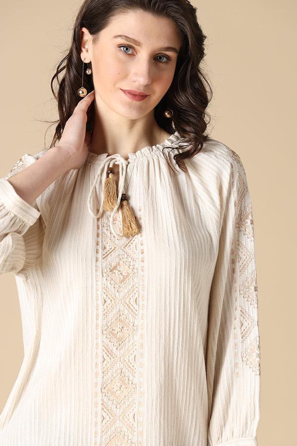 Gipsy Gipsy Beige Fashion Round Neck Cotton Tunic Beige