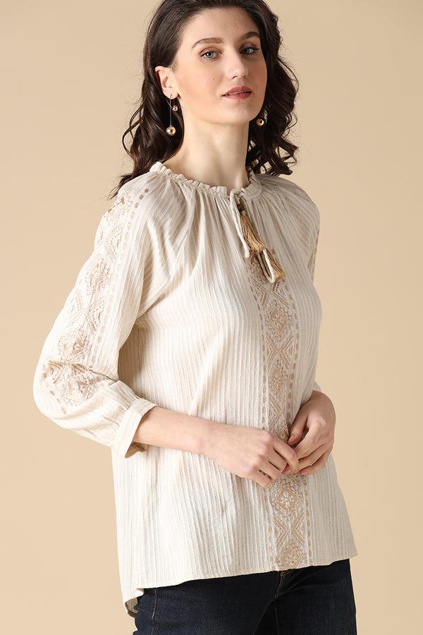 Gipsy Gipsy Beige Fashion Round Neck Cotton Tunic Beige