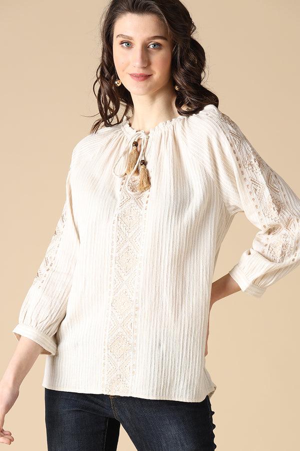 gipsy Gipsy Beige Fashion Round Neck Cotton Tunic Beige
