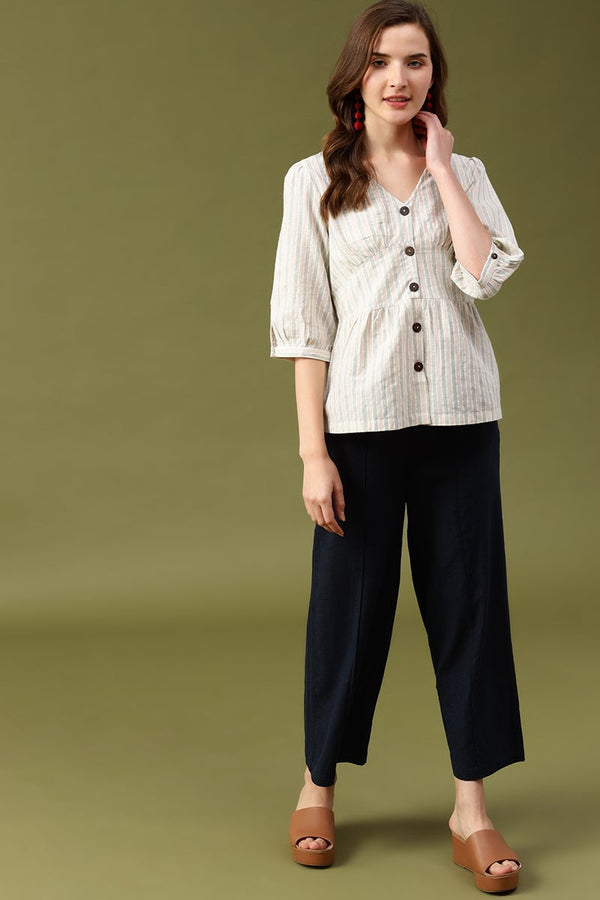 Gipsy Gipsy Beige Vertical Stripes Cotton Top Beige