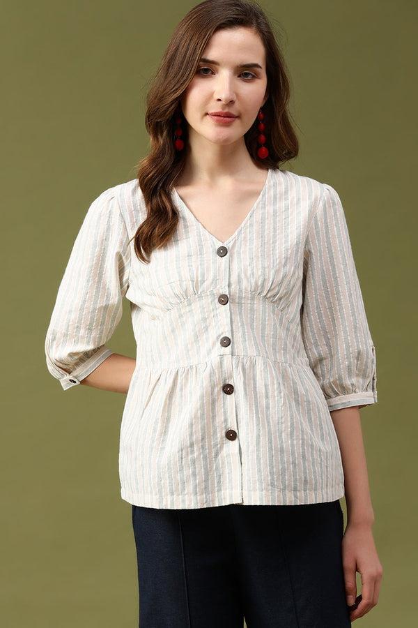 gipsy Gipsy Beige Vertical Stripes Cotton Top Beige