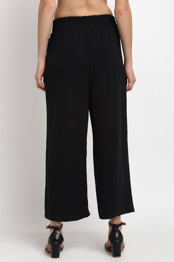 Gipsy Black Ankle Length Solid Linen Pant Black