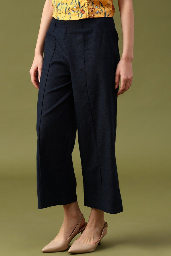 Gipsy Gipsy Black Solid Linen Pant/Trousers Navy Blue