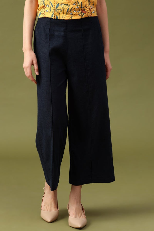 gipsy Gipsy Black Solid Linen Pant/Trousers Navy Blue