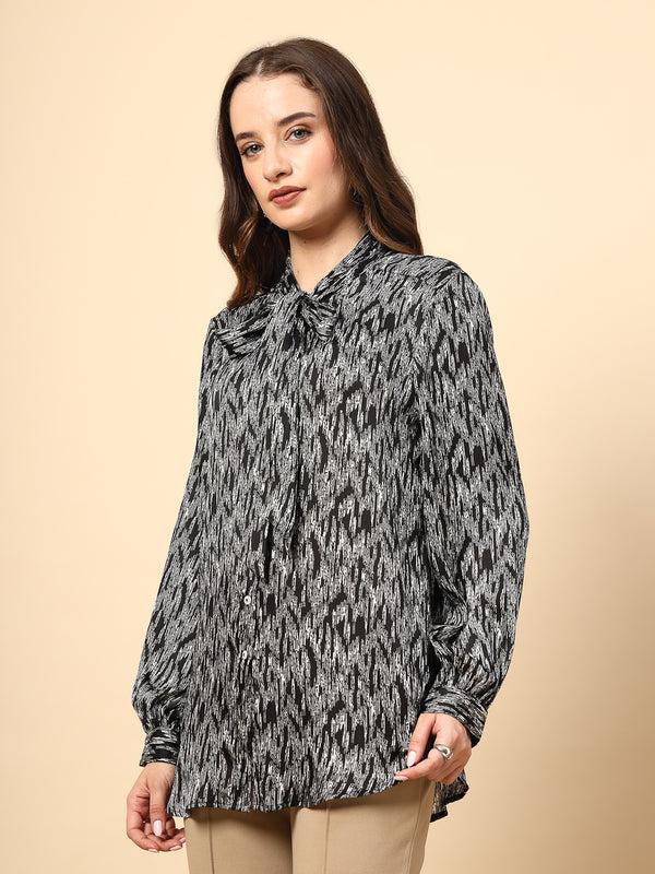 Gipsy Black Top With Shine Button And Collar Tie