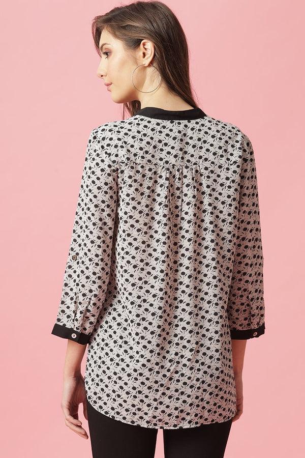 Gipsy Gipsy Black & White Medium Length V- Neck Polyester Tunic Black White Print