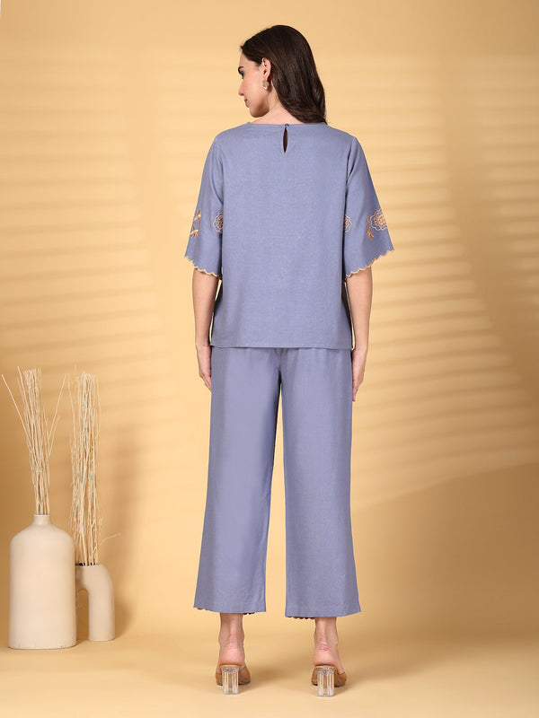 Gipsy Gipsy Blue Embroidered Cotton Top With Pant Set