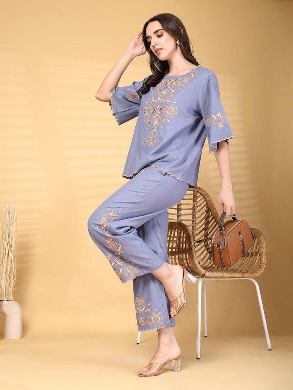 Gipsy Gipsy Blue Embroidered Cotton Top With Pant Set