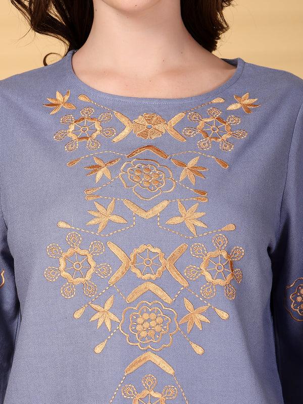 Gipsy Gipsy Blue Embroidered Cotton Top With Pant Set