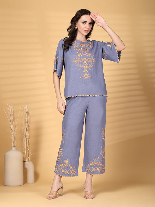 gipsy Gipsy Blue Embroidered Cotton Top With Pant Set