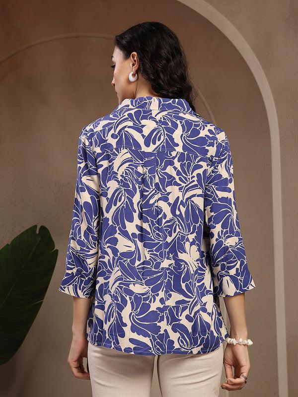 Gipsy Gipsy Blue Shirt Collar Floral Printed Rayon Tunic