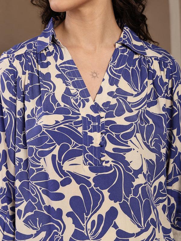 Gipsy Gipsy Blue Shirt Collar Floral Printed Rayon Tunic