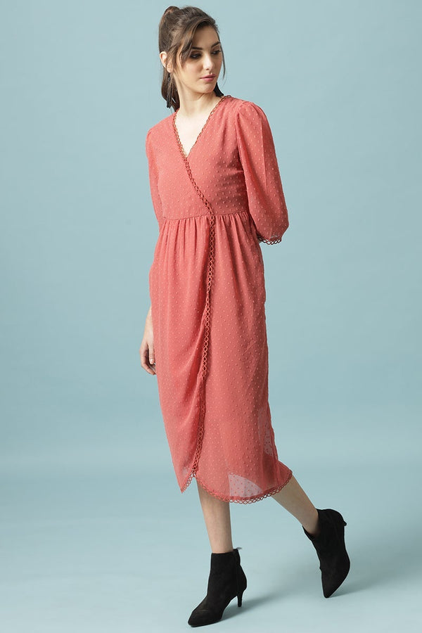 Gipsy Gipsy Brick Pink Midi Length V-Neck Polyester Dress Brick Pink