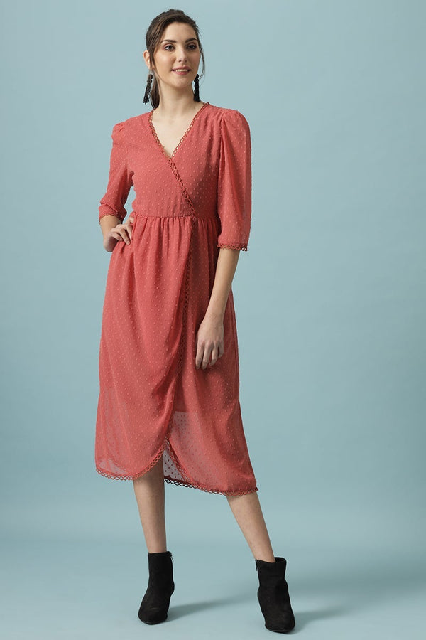 gipsy Gipsy Brick Pink Midi Length V-Neck Polyester Dress Brick Pink