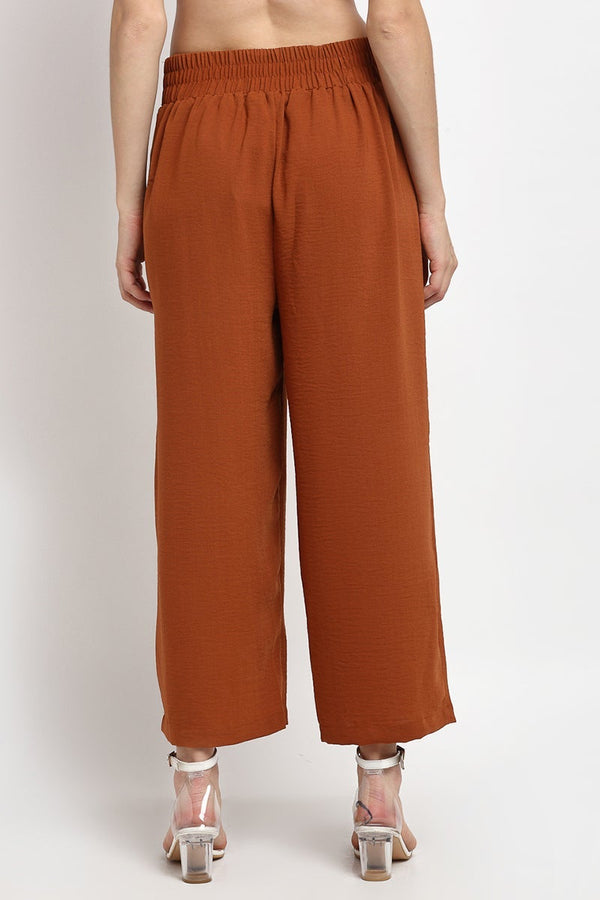 Gipsy Brown Ankle Length Solid Linen Pant Brown