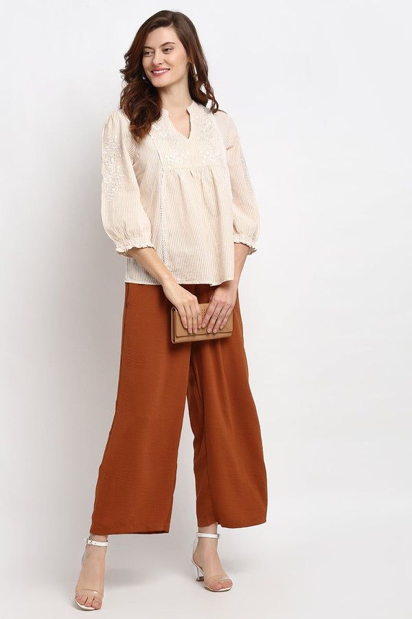 Gipsy Brown Ankle Length Solid Linen Pant Brown