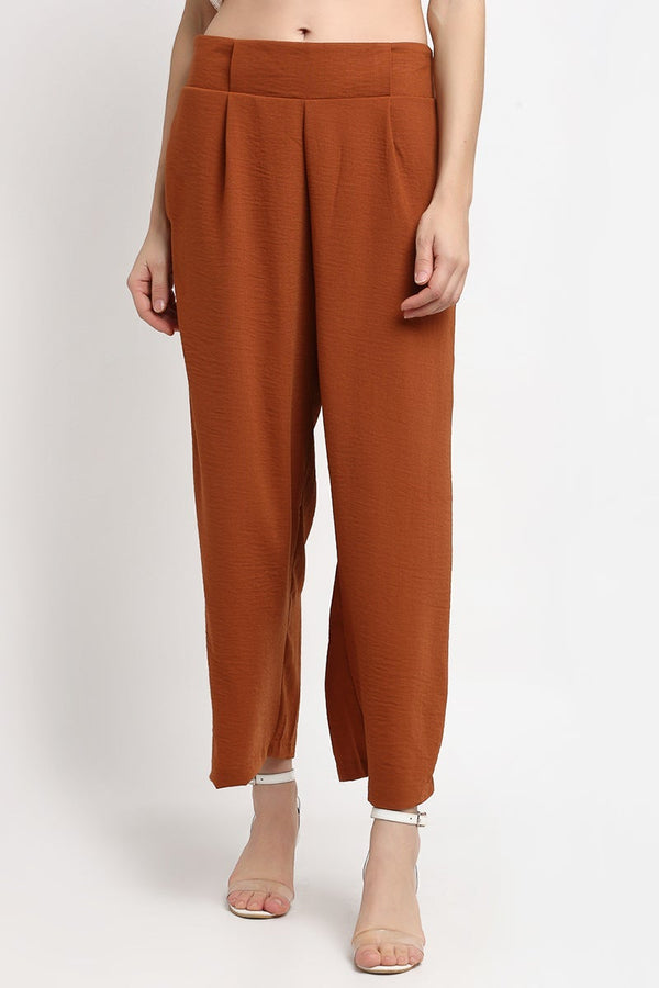 gipsy Brown Ankle Length Solid Linen Pant Brown