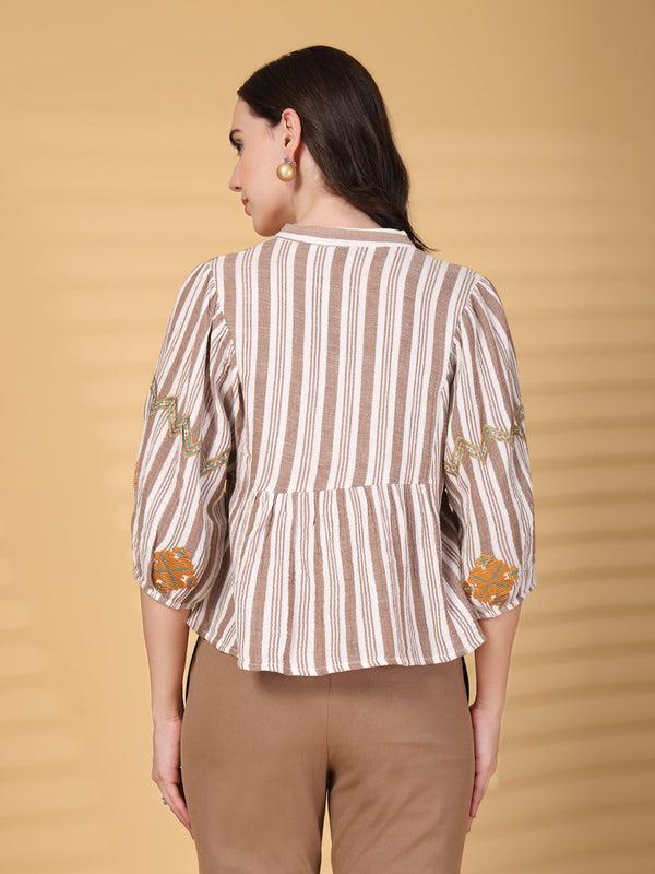 Gipsy Gipsy Brown Embroidered Double Cloth Cotton Blouse