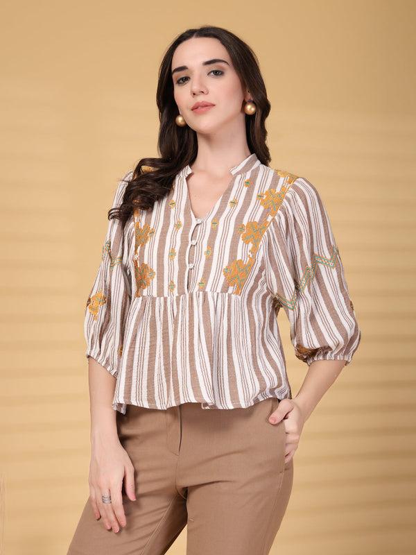 Gipsy Gipsy Brown Embroidered Double Cloth Cotton Blouse