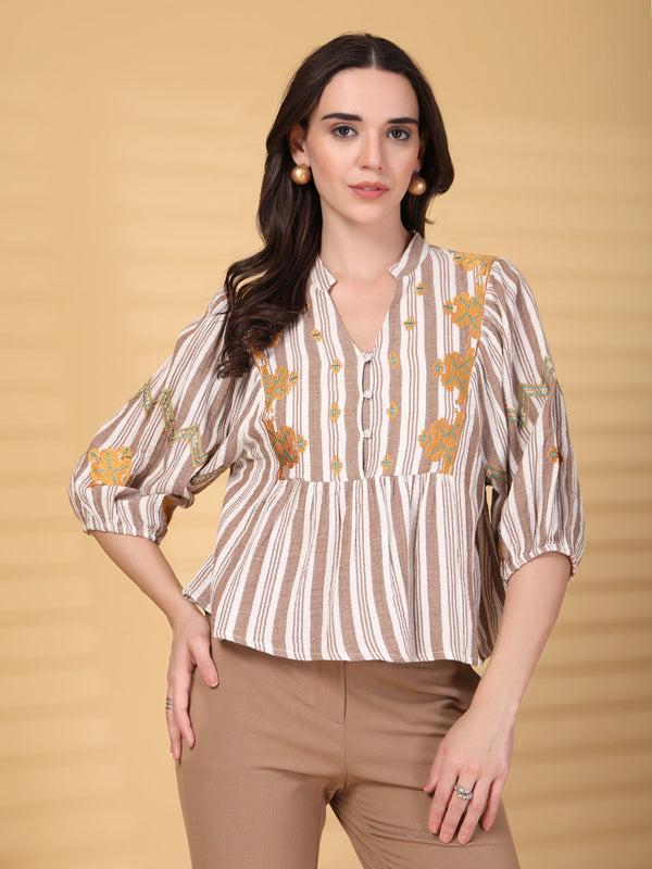 gipsy Gipsy Brown Embroidered Double Cloth Cotton Blouse