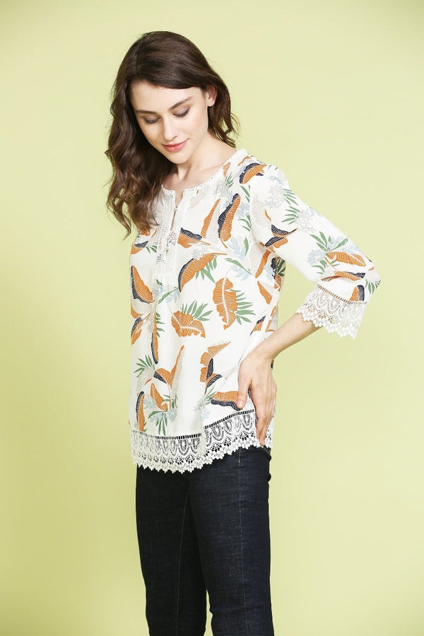 Gipsy Casual Leaf Print Top Beige