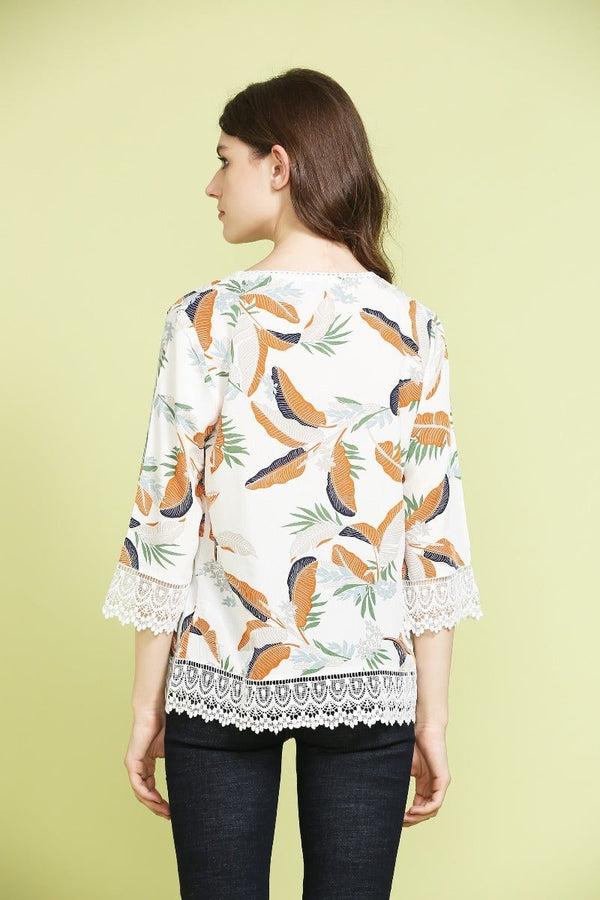 Gipsy Casual Leaf Print Top Beige