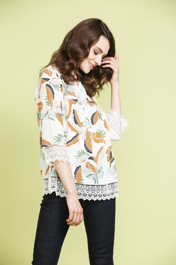 gipsy Casual Leaf Print Top Beige