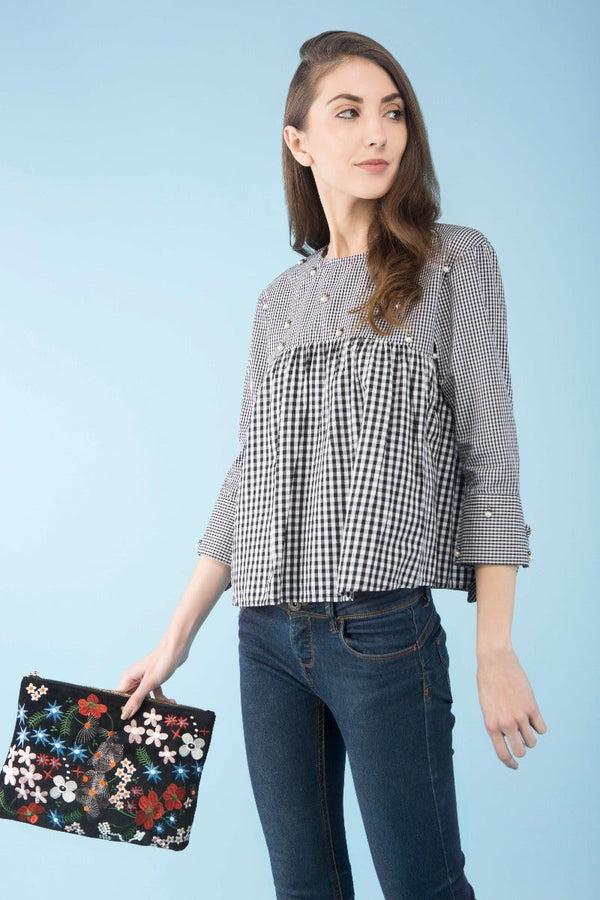 Gipsy Check Print Tie-sleeve Cotton Top Multi