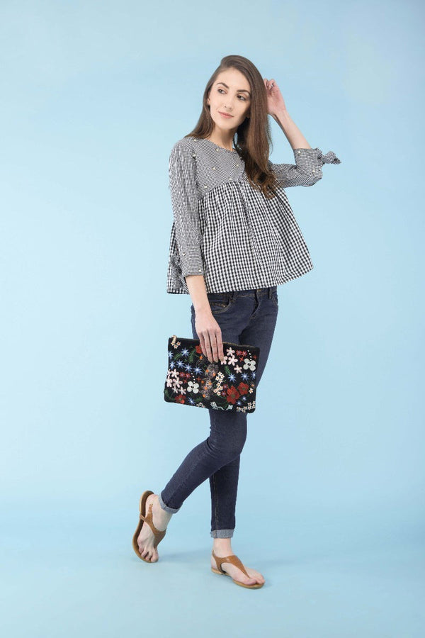 Gipsy Check Print Tie-sleeve Cotton Top Multi