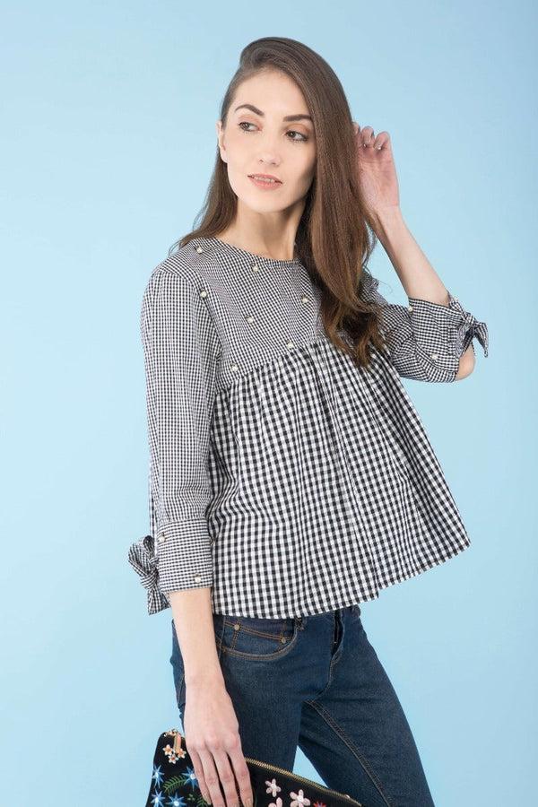gipsy Check print tie-sleeve cotton top Multi