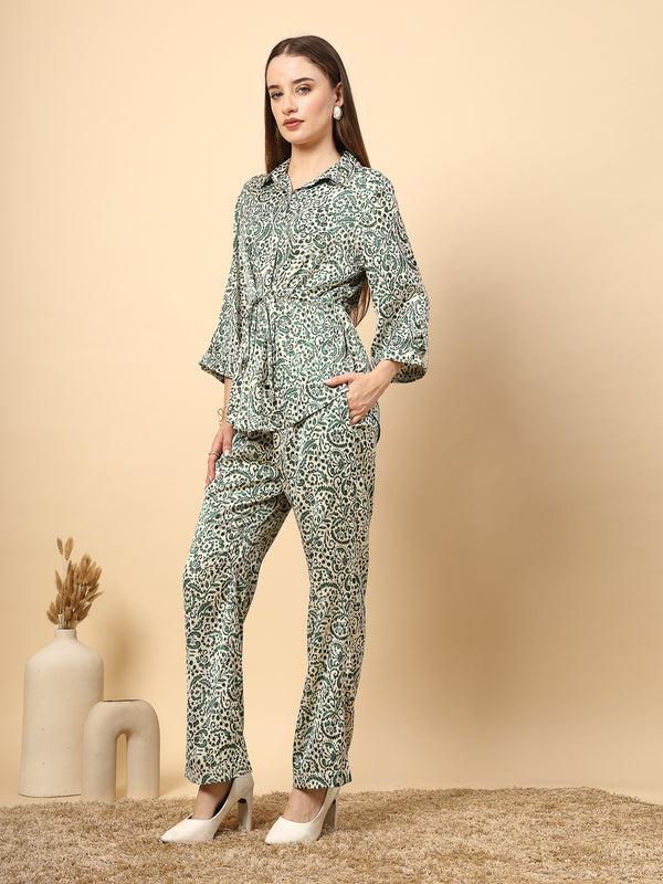 Gipsy Gipsy Chic Green Co-Ord Set With Printed Fabric Shine Button Details And Front Knot