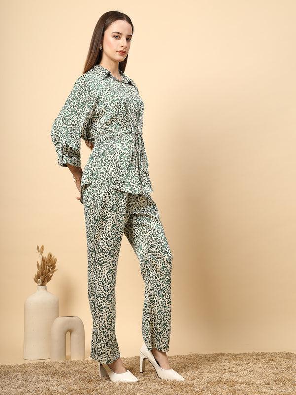 Gipsy Gipsy Chic Green Co-Ord Set With Printed Fabric Shine Button Details And Front Knot