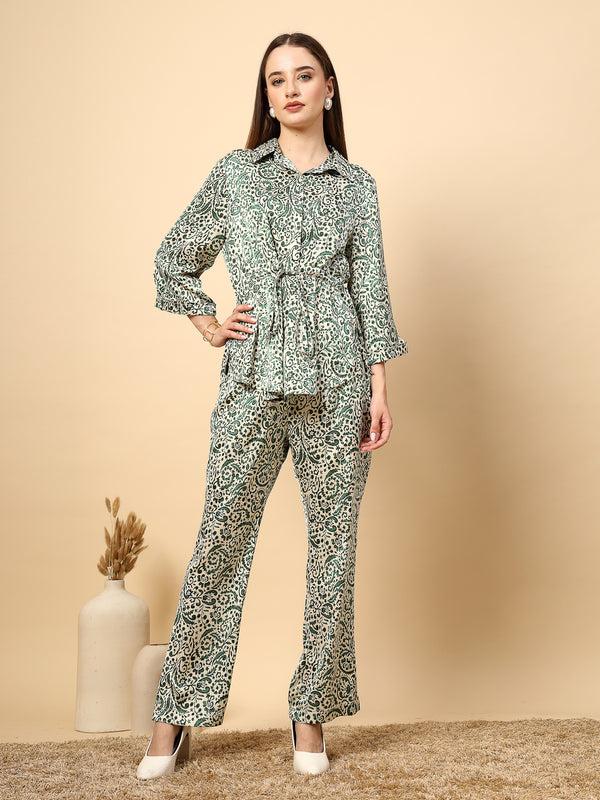 gipsy Gipsy Chic Green Co-Ord Set with Printed Fabric Shine Button Details and Front Knot
