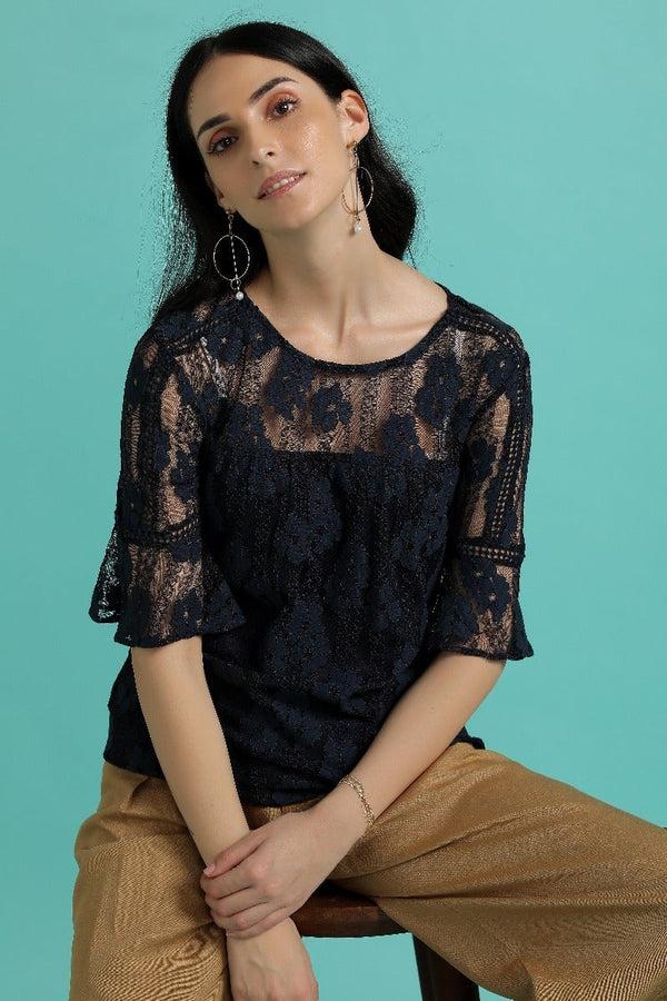 gipsy Classy Sheer Lace Top Navy