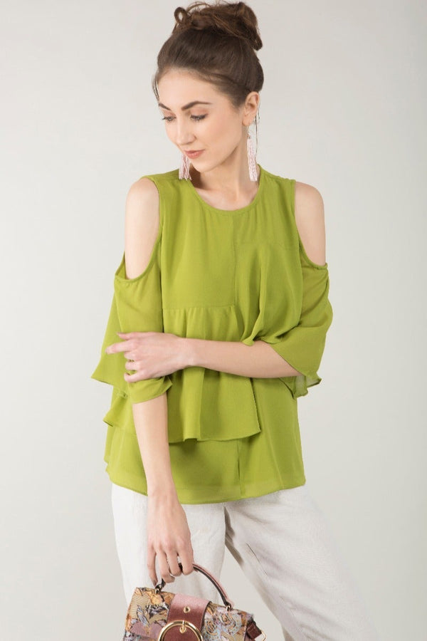 Gipsy Cold Shoulder Flowy Layered Top Green