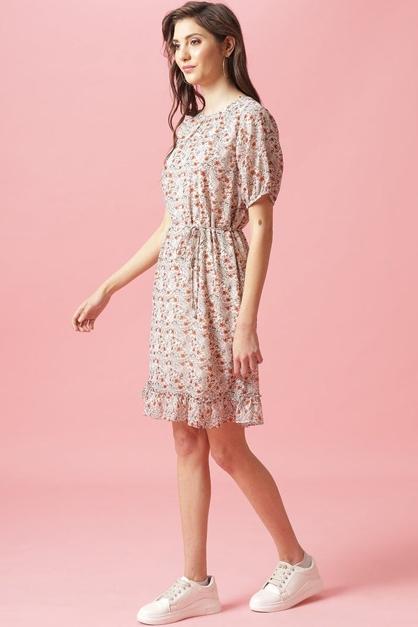 Gipsy Gipsy Cream Knee Length Round Neck Georgette Dress Cream