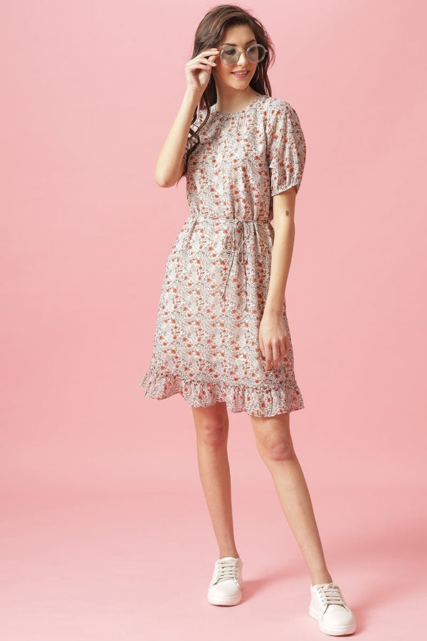 Gipsy Gipsy Cream Knee Length Round Neck Georgette Dress Cream