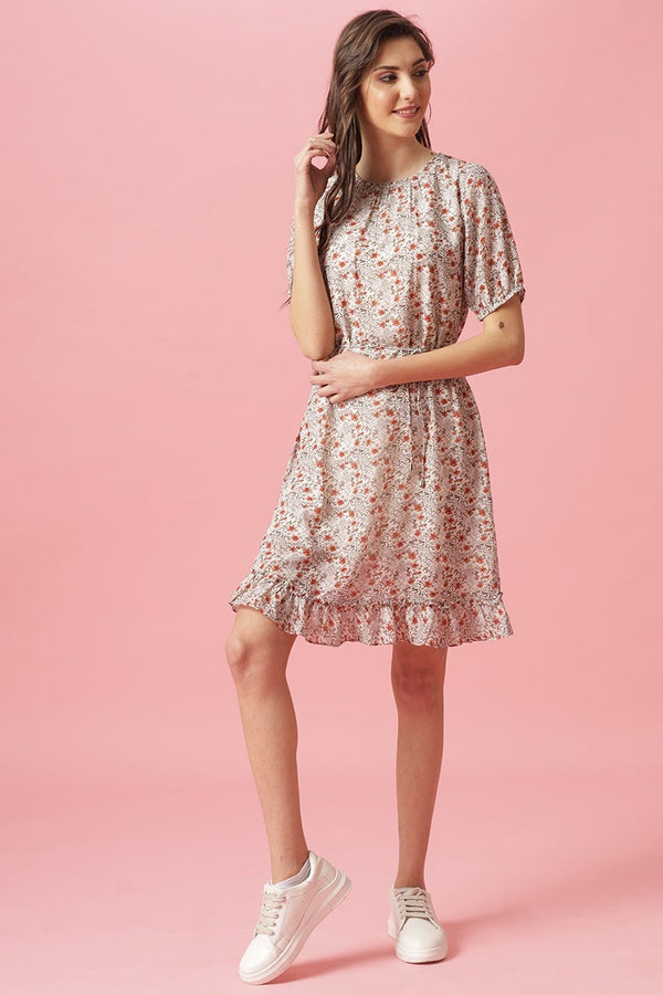 gipsy Gipsy Cream Knee Length Round Neck Georgette Dress Cream