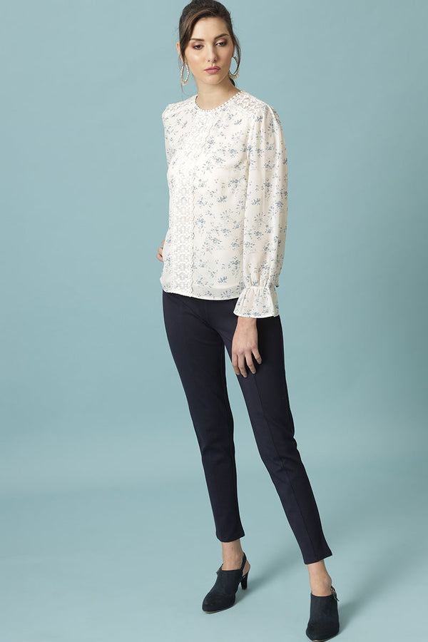 Gipsy Gipsy Cream Medium Length Round Neck Polyester Blouse Cream