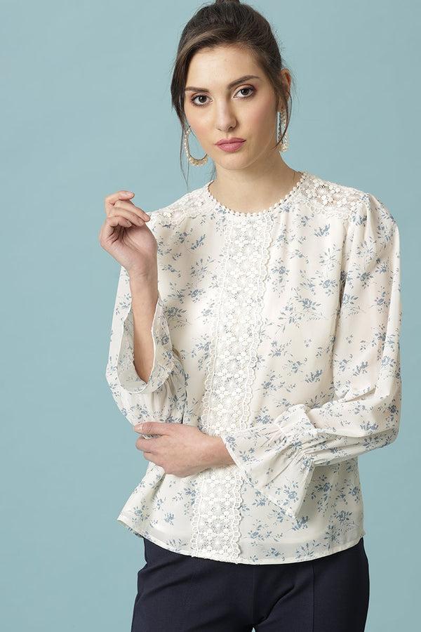 gipsy Gipsy Cream Medium Length Round Neck Polyester Blouse Cream