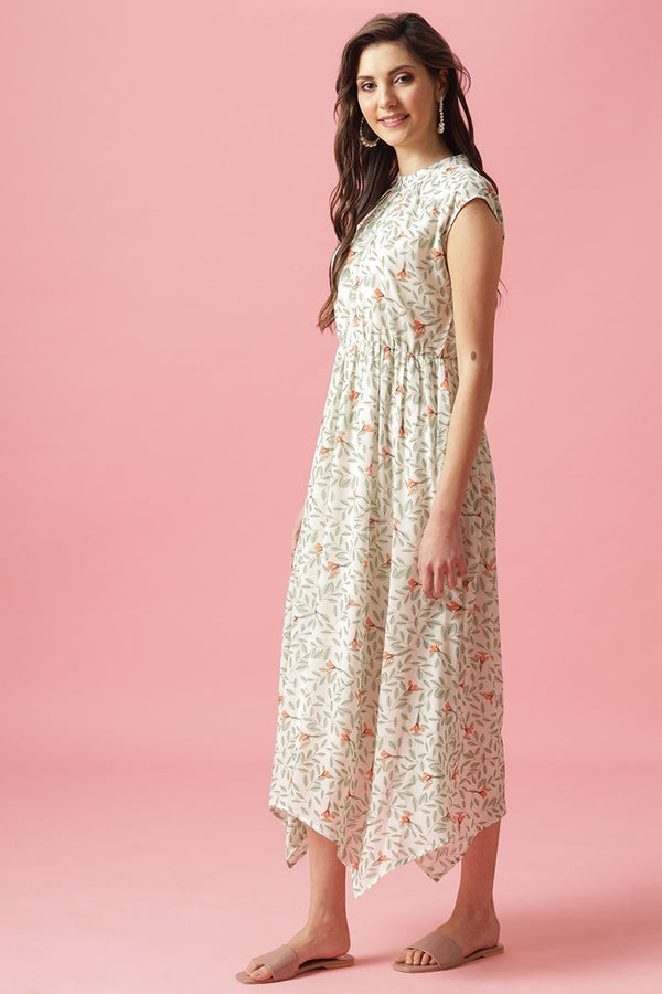 Gipsy Gipsy Cream Midi Length Round Neck Georgette Dress Cream