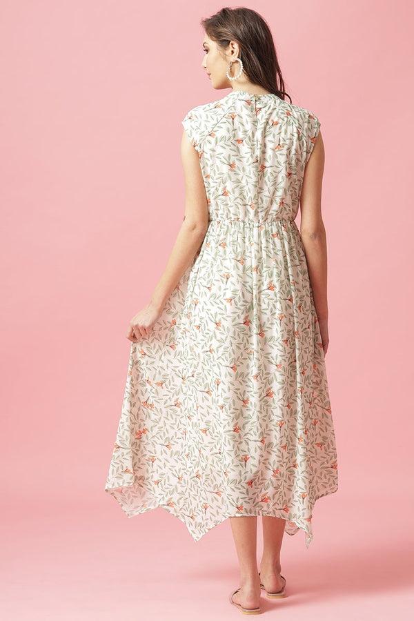 Gipsy Gipsy Cream Midi Length Round Neck Georgette Dress Cream