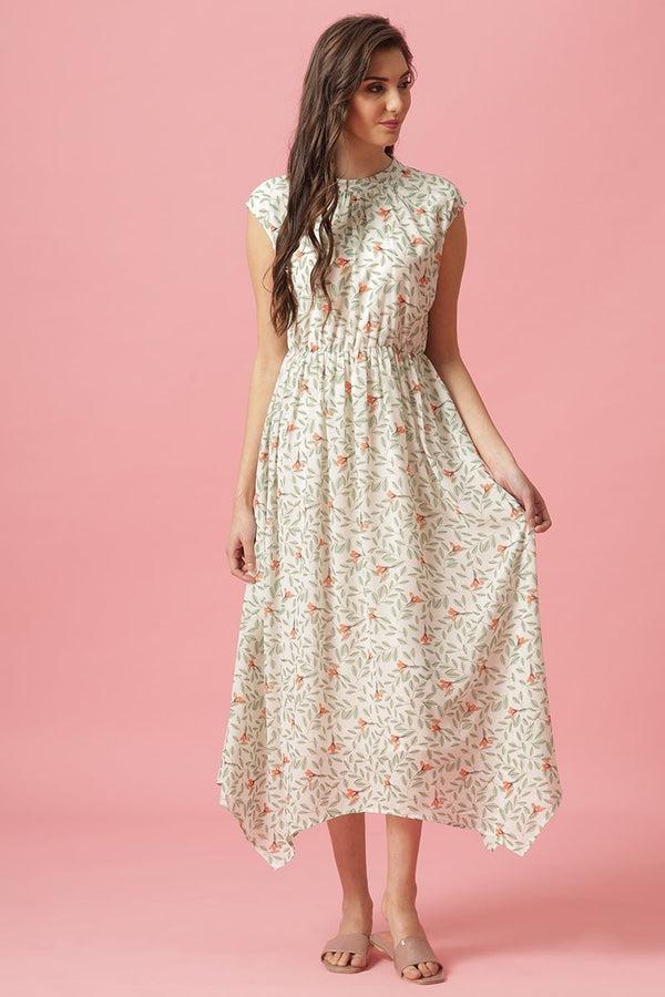 Gipsy Gipsy Cream Midi Length Round Neck Georgette Dress Cream