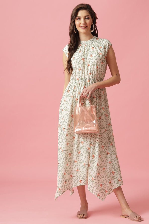 gipsy Gipsy Cream Midi Length Round Neck Georgette Dress Cream