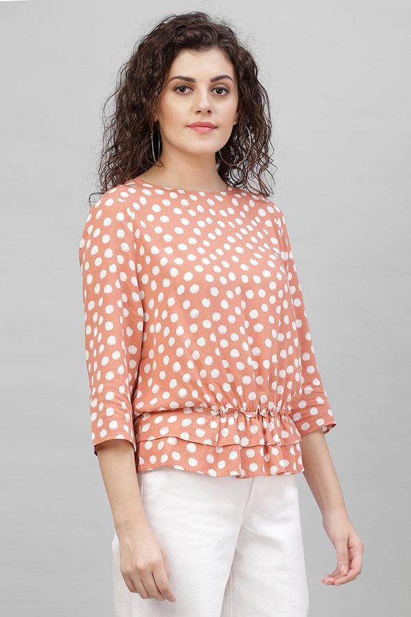 Gipsy Gipsy Dark Beige Polka Dots Cotton Linen Top Beige